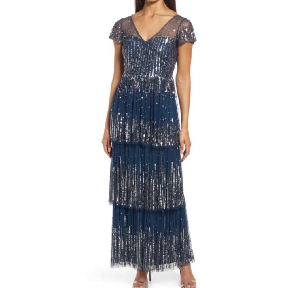 Pisarro night beaded navy tiered gown size 2 nwt